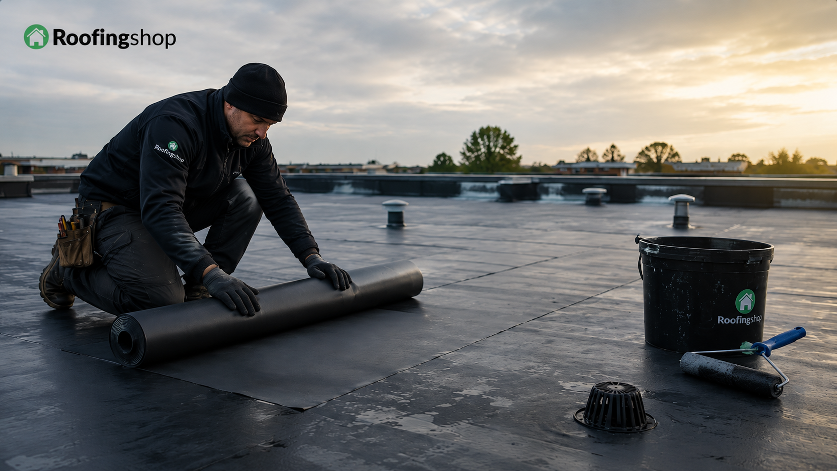 Person working on a roof with roofing materials and tools, branded 'Roofingshop'.