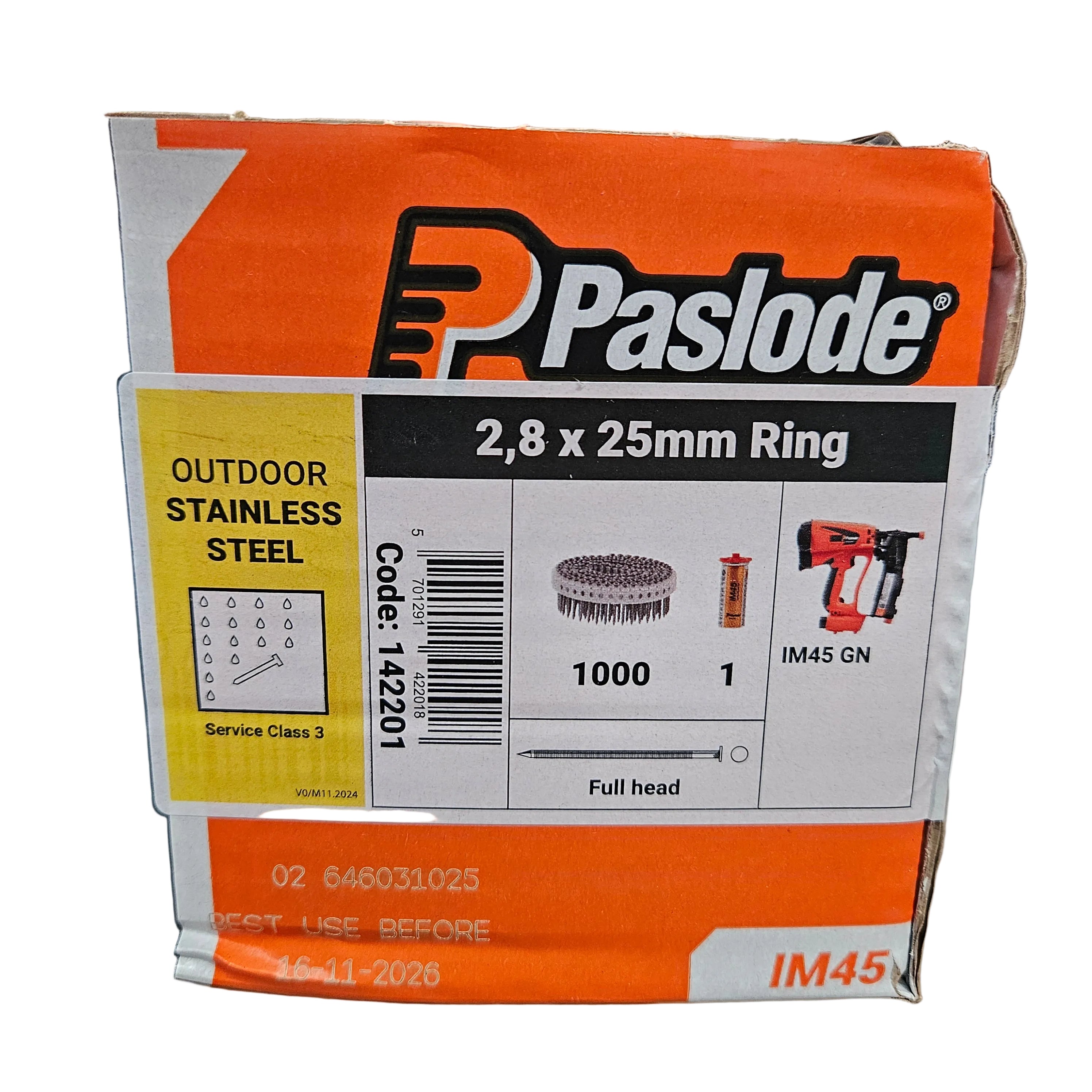 Paslode IM45 2.8mm x 25mm Stainless Nail & Fuel Pack